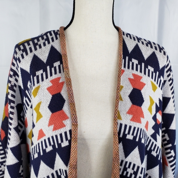 Wild Pearl Aztec Design Open Front Cardigan Lagen Look Blue & Orange Knit Sz M. - Picture 2 of 16